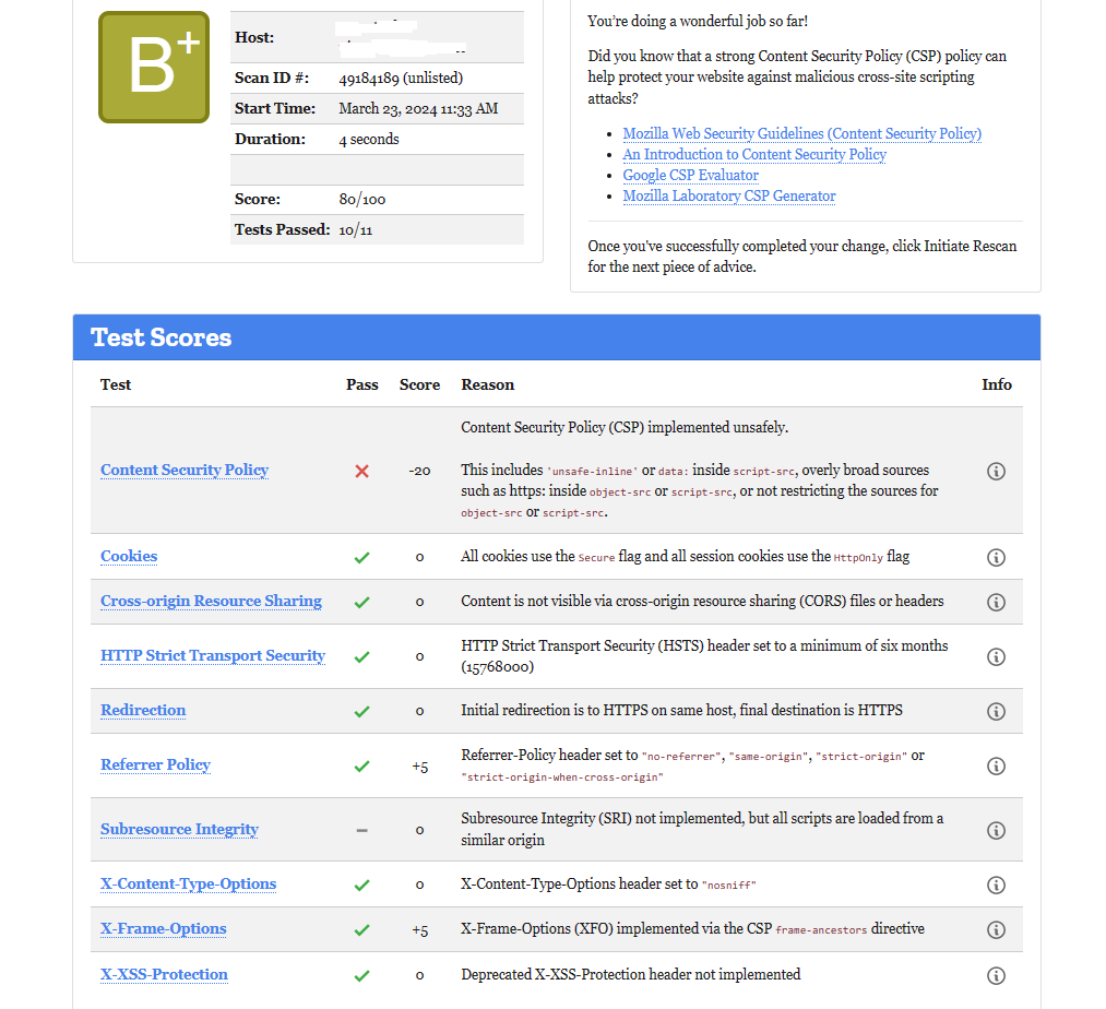 Result from Mozila Observatory