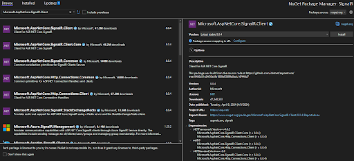 install the Microsoft.AspNetCore.SignalR.Client NuGet package