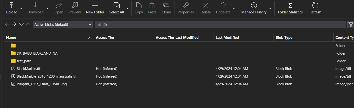 All uploaded files in sitefile folder in storage explorer