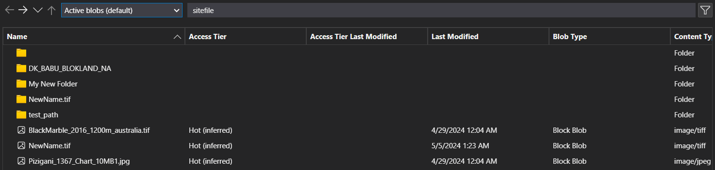 Check if the NewName.tif shown in sitefile folder in storage explorer