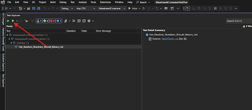 Screenshot of click method name and test option in Test Explorer