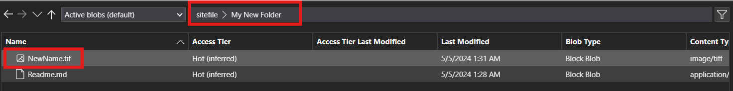 Copied NewName.tif file to my new folder in storage explorer