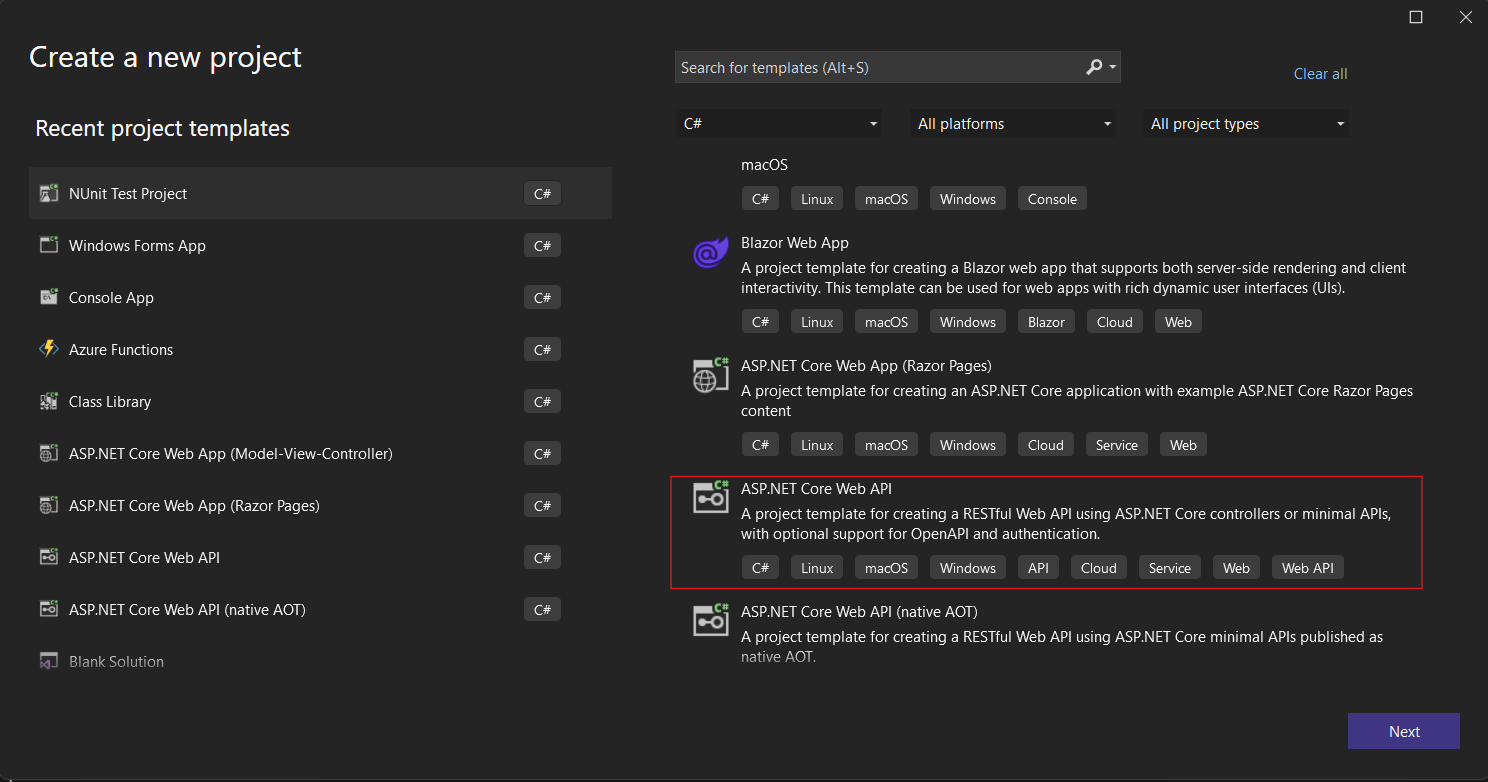 Create a new web API project