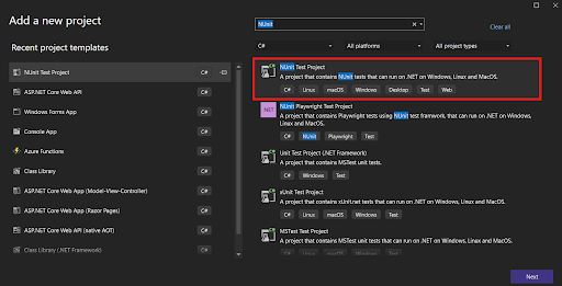 Find NUnit in the Unit Test Project
