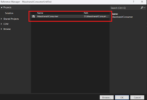 Now select the project in MasstransitConsumer unit test