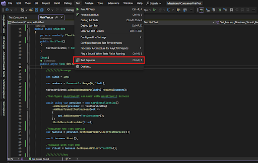 Screenshot of To run the test method navigate to Test then Test Explorer